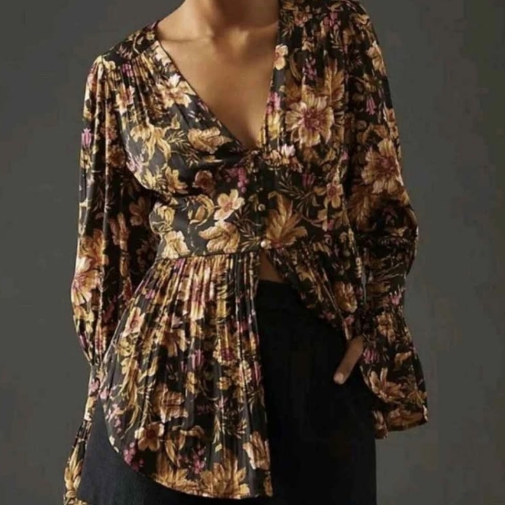 Anthropologie Black and Gold Floral Blouse